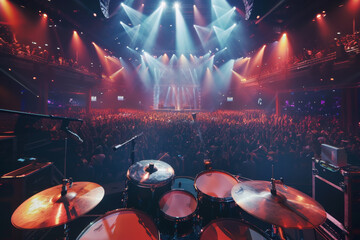 Poster - A drum set is sitting in front of a crowd at a concert