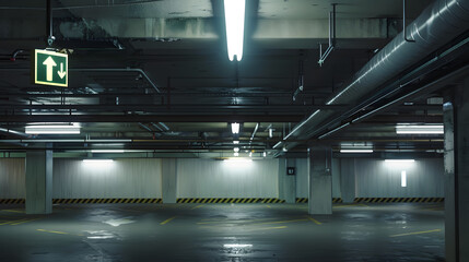 Poster - Grungy dimly lit empty parking garage with overhead lights and an exit sign hanging from the ceiling : Generative AI