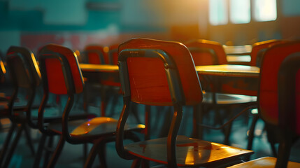 Fototapete - selective soft and blur focusold wooden row lecture chairs in classroom in poor schoolstudy room without studentconcept for education : Generative AI