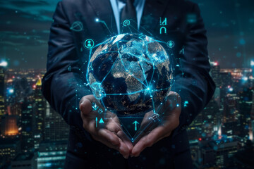 Poster - A man in a suit holds a glowing globe in his hands