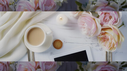 Poster - Morning cup of coffee on the shabby white desk with digital tablet with empty screen candle and fresh cookie Beautiful spring desktop with pastel accents Female desktop Top view with c : Generative AI