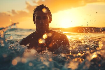 Wall Mural - A surfer emerging from the water, droplets glistening on their skin under the intense heat of the midday sun.