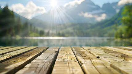 Leinwandbilder - The empty wooden table top with blur background of summer lakes mountain Exuberant image : Generative AI