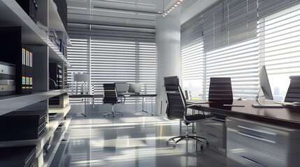 Aufkleber - Part of ordinary office room decorated in modern style with meeting roomlarge windows with blindscarpetingventilationescape signswhite furniture tables shelves drawers and dark office  : Generative AI