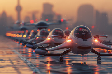 Poster - A row of airion drones are lined up on a wet runway