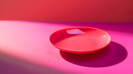 Aufkleber - Empty pink plate minimalist on a magenta table Single plate in bright light on a vibrant colored background : Generative AI
