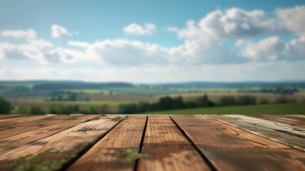 Leinwandbilder - The empty wooden brown table top with blur background of farmland and blue sky Exuberant image : Generative AI