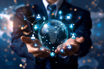 Poster - A man in a suit is holding a globe in his hands