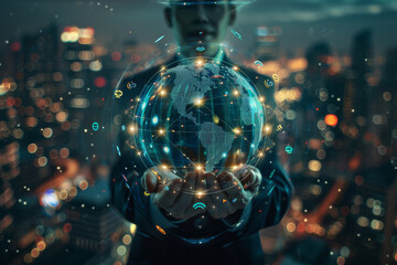 Poster - A man is holding a glowing globe in his hands