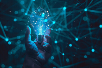 Poster - A hand is holding a light bulb that is glowing in the dark