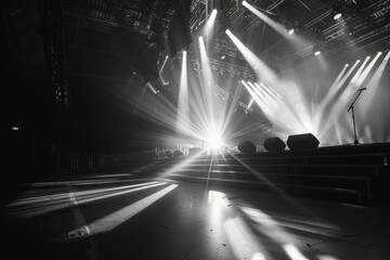 Poster - A black and white photo of a stage with lights and a microphone