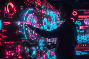 Poster - A man is touching a screen that has the word acontion on it