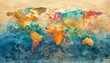 World map painting with water effects, global travel or environmental themes, in an expressive watercolor style