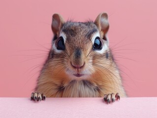 Sticker - Chipmunk adorably peeks from behind a peach banner against a soft pastel sky blue backdrop