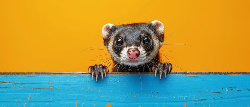 delighted ferret peeking from behind a sky blue banner, isolated on a pastel orange background