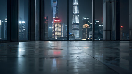 Poster - Empty square floor and wall building with city skyline in Shanghai at night China : Generative AI