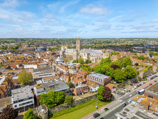 The drone aerial view of Canterbury Cathedral the city.  Christ Church Cathedral, Canterbury, is the cathedral of the archbishop of Canterbury, the leader of the Church of England.	