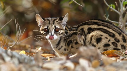 Close-up of a spotted genet in a natural dry bush, highlighting the species' distinctive spot and stripe pattern