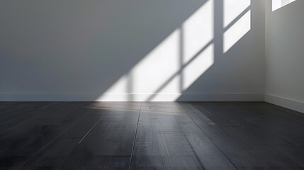 Aufkleber - Perspective of the sun light cast the shadow on white empty room and dark laminate wood floorclassic interior styleblank space architecture : Generative AI