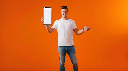 Aufkleber - Mobile App Advertisement Full Body Length Of Happy Man Leaning And Pointing At Big Huge White Empty Smartphone Screen Standing On Orange Studio Background Check This Out Cellphone Disp : Generative AI