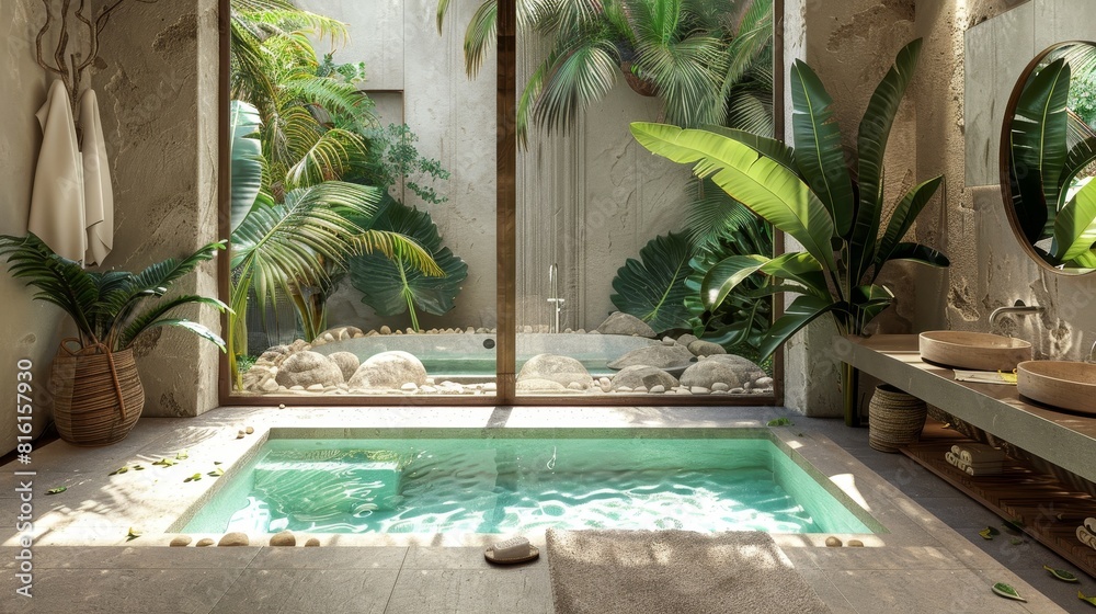 View of Bathroom with a plunge pool and tropical plants, providing relief from ...