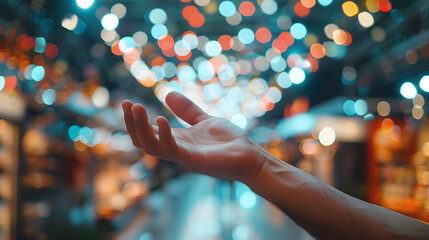 Aufkleber - Man hand with abstract blurred image of department store background : Generative AI