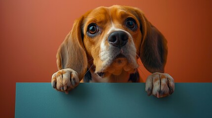 Wall Mural - Curious beagle pup playfully emerges from blue banner against soft salmon backdrop