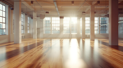 Poster - A spacious empty hall with columns and large windows A gym with wooden floors for yoga and fitness classes Interior design of the fitness center A large room without furniture : Generative AI