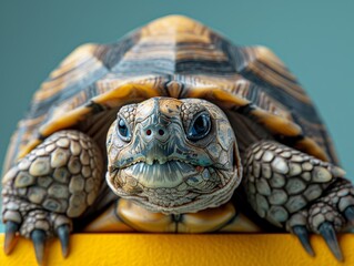 Wall Mural - A joyful tortoise peeks from a yellow banner against a soft grey backdrop, exuding happiness