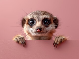 Wall Mural - A cheerful meerkat playfully peeks from behind a ruby banner against a soft lilac backdrop