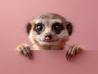 Poster - A cheerful meerkat playfully peeks from behind a ruby banner against a soft lilac backdrop