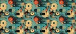 Retro styled seamless pattern with vinyl records and coffee cups on a teal background