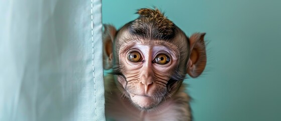 Wall Mural - Jovial macaque peeking from behind a turquoise banner, isolated on a pastel ivory background