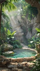 Fantasy Art of Outdoor bath area with a natural rock pool and tropical foliage in the heat,natural look