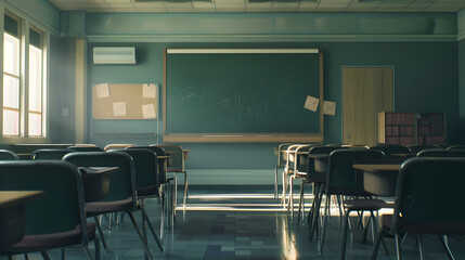Leinwandbilder - Empty classroom with chairs desks and chalkboard : Generative AI