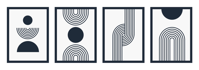 Wall Mural - set of dark blue line boho poster geometric shape set. abstract pattern, design line art, trendy boh