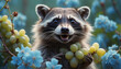 A raccoon eats grapes