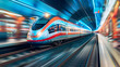 A high-speed train travels through a tunnel.