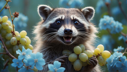 Wall Mural - A raccoon eats grapes