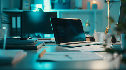 Poster - Manager working desk with laptop computer document paperwork and office suppliers : Generative AI