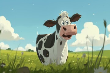 Sticker - Cheerful animated cow standing in a green field with a bright, clear sky background