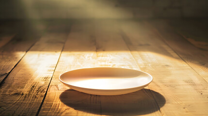 Poster - Perspective view of empty light plate on wooden background Empty space for your design : Generative AI