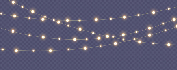 Wall Mural - Christmas lights isolated. Glowing garlands on transparent dark background. Realistic luminous elements. Bright light bulbs for poster, card, brochure or web. Vector illustration