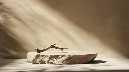 Poster - Empty stone podium with lights and shadows on brown background Minimal backdrop Round natural rock and piece of driftwood Abstract pedestal or showcase for presentation Minimal wabi sa : Generative AI