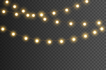 Wall Mural - Christmas lights isolated. Glowing garlands on transparent dark background. Realistic luminous elements. Bright light bulbs for poster, card, brochure or web. Vector illustration