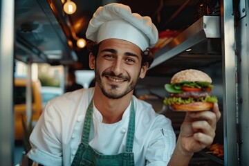 Wall Mural - Young male chef holding fresh burger, food truck owner