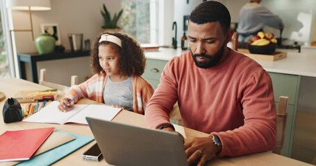 Poster - Education, problem solving and remote work with family in dining room of home for learning or startup career. Laptop, notebook or thinking with father and daughter in apartment for business or study