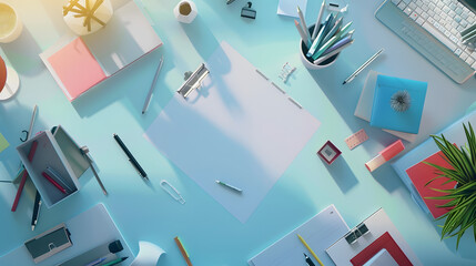 Poster - Top view of office workplace with various supplies and copy space Mock up : Generative AI