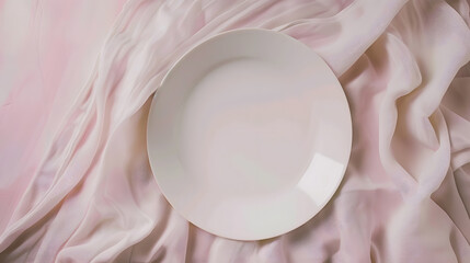 Aufkleber - Top view on colored background empty round white plate on tablecloth for food Empty dish on napkin with space for your design : Generative AI