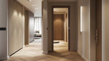 Aufkleber - Entrance hall and housing distributor with armored access door and access to rooms with oak doors builtin wardrobes of the same material and parquet floors : Generative AI